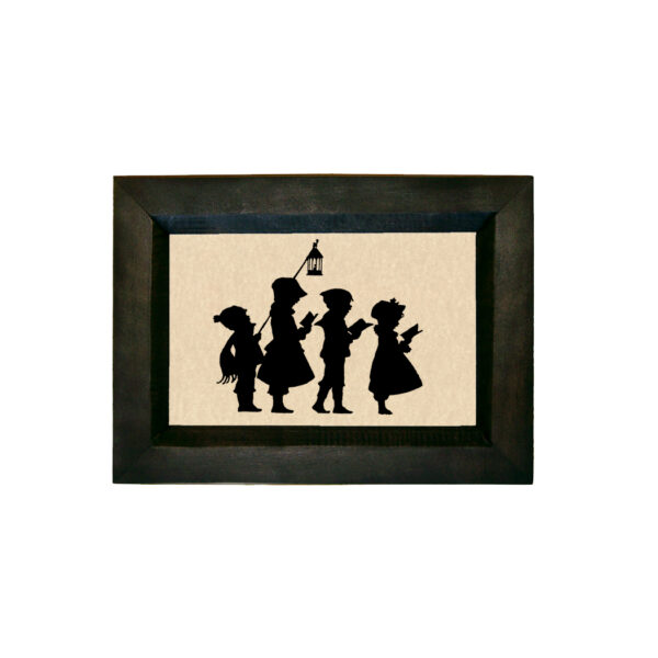 Silhouettes Early American Framed Children Singing Christmas Carols Printed Silhouette in Distressed Black Wood Frame