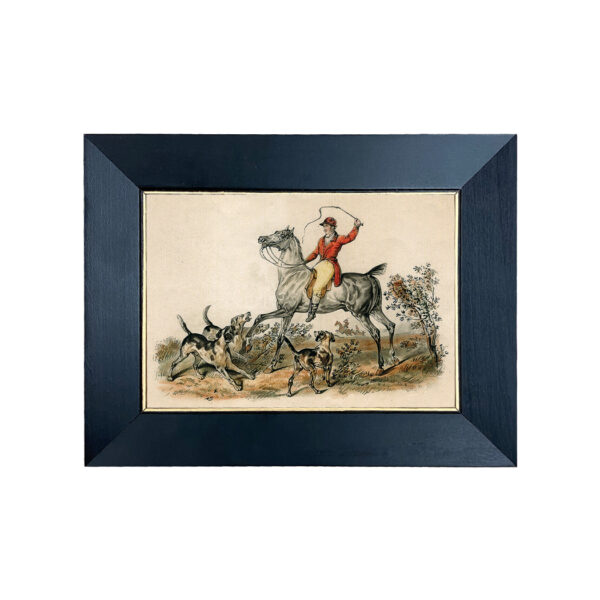 Equestrian Equestrian Defaulting Dogs Equestrian Fox Hunt Scene Print Behind Glass in Black and Gold Wood Frame- 5″ x 7″ Print Framed to 7″ x 9″