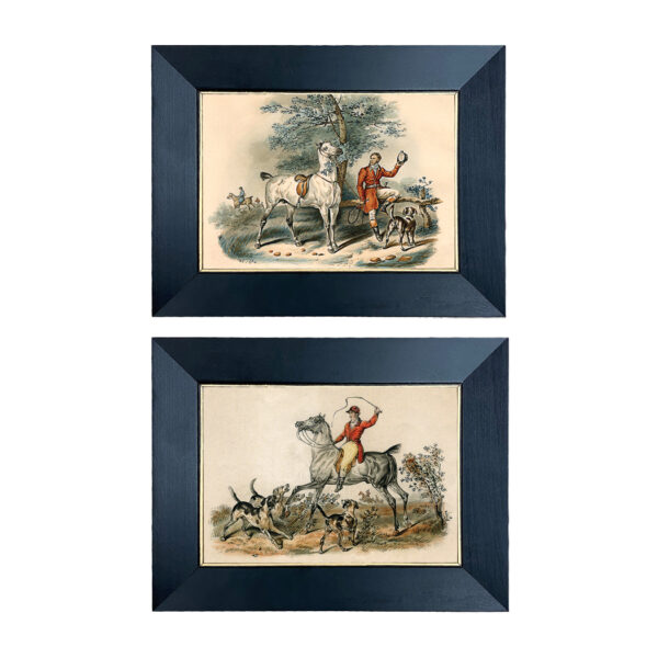Equestrian Equestrian Set of 2 Small Equestrian Fox Hunt Scenes Behind Glass in Black and Gold Wood Frames- 5″ x 7″ Framed to 7″ x 9″