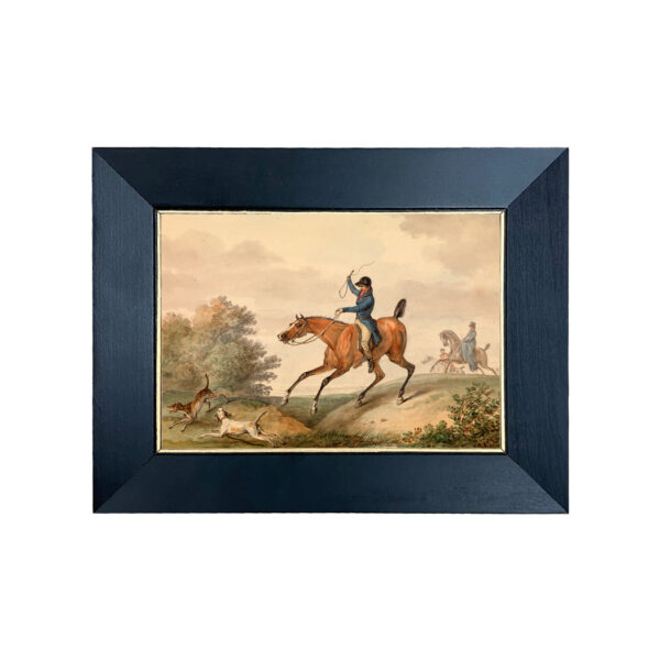 Equestrian Equestrian Set of 2 Small Equestrian Fox Chase Scenes Behind Glass in Black and Gold Wood Frames- 5″ x 7″ Framed to 7″ x 9″