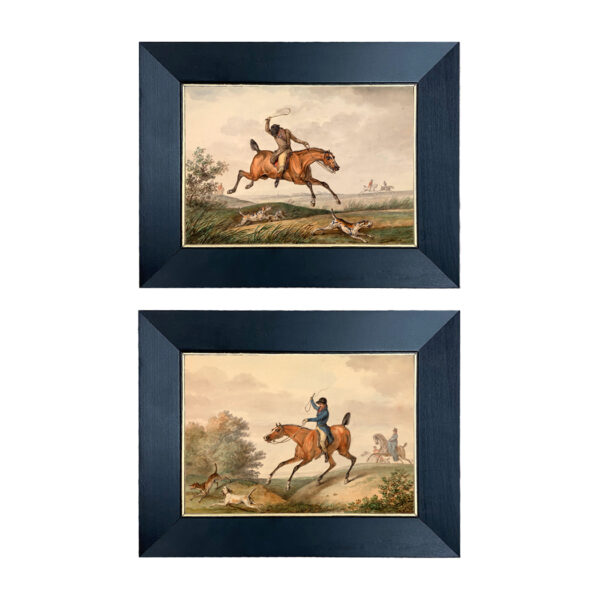 Prints Equestrian Set of 2 Small Equestrian Fox Chase Scenes Behind Glass in Black and Gold Wood Frames- 5″ x 7″ Framed to 7″ x 9″