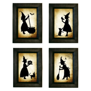 Framed Silhouette Cats Set of 4 Girl Witches Printed Paper Si ...