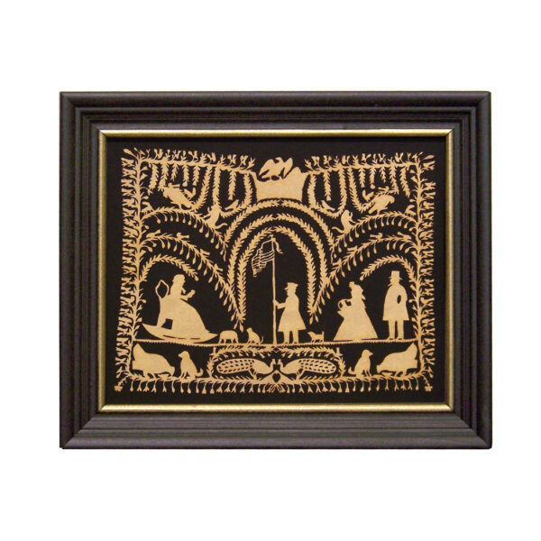 Scherenschnittes Early American 10″ x 12″ American Fantasy Scherenschnitte Paper Cutting in Black Frame with Gold Trim- Antique Vintage Style