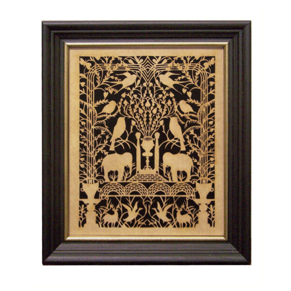 Scherenschnittes Early American 10″ x 12″ Paired Birds and Elephants Scherenschnitte Paper Cutting in Black Frame with Gold Trim