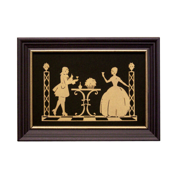 Scherenschnittes Early American A Glass of Wine Scherenschnitte Paper Cutting in Black Frame with Gold Trim