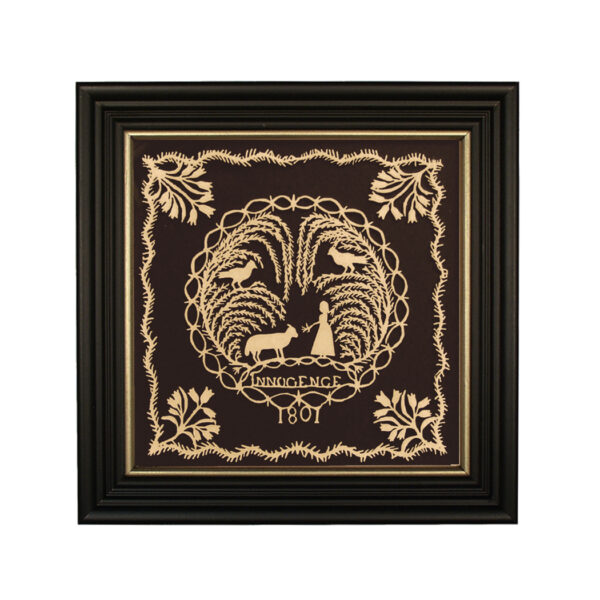 Scherenschnittes Early American Innocence 1801 Reproduction Scherenschnitte Paper Cutting in Black and Gold Frame- Framed to 10″ x 10″
