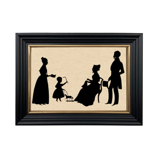 Early American Early American Parents with Two Daughters Framed Paper Cut Silhouette in Black Wood Frame with Gold Trim. An 6-3/4 x 10″ framed to 8-3/4 x 12″.