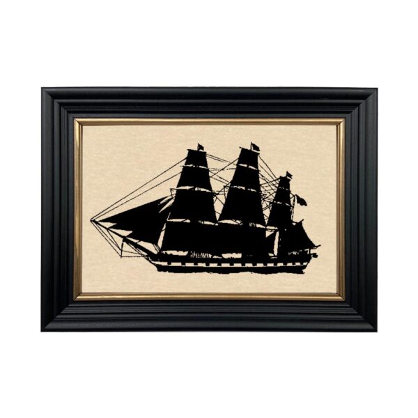 Silhouettes Nautical USS Constellation Ship Framed Paper Cut Silhouette in Black Wood Frame with Gold Trim. An 6-3/4 x 10″ framed to 8-3/4 x 12″.