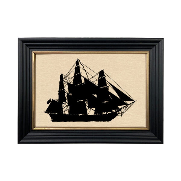 Silhouettes Nautical Merchant Ship Framed Paper Cut Silhouette in Black Wood Frame with Gold Trim. An 6-3/4 x 10″ framed to 8-3/4 x 12″.
