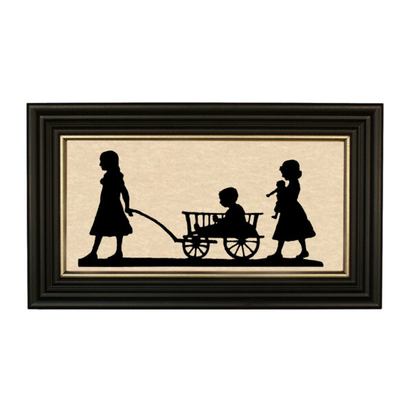 Silhouettes Early American Wagon Ride Framed Paper Cut Silhouette in Black Wood Frame with Gold Trim. A 5″ x 10″ framed to 7″ x 12″.