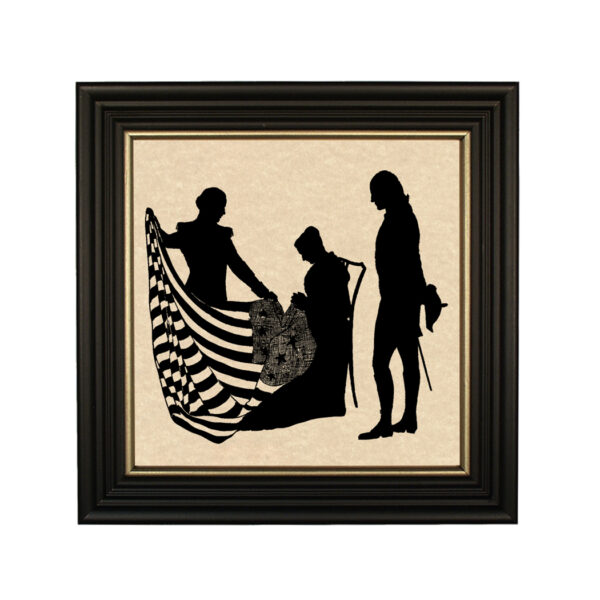 Framed Silhouette Revolutionary/Civil War George Washington and Betsy Ross Framed Paper Cut Silhouette in Black Wood Frame with Gold Trim. An 8″ x 8″ framed to 10″ x 10″.