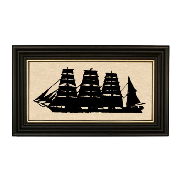 Silhouettes Nautical Cargo Ship Framed Paper Cut Silhouette in Black Wood Frame with Gold Trim. A 5″ x 10″ framed to 7″ x 12″.