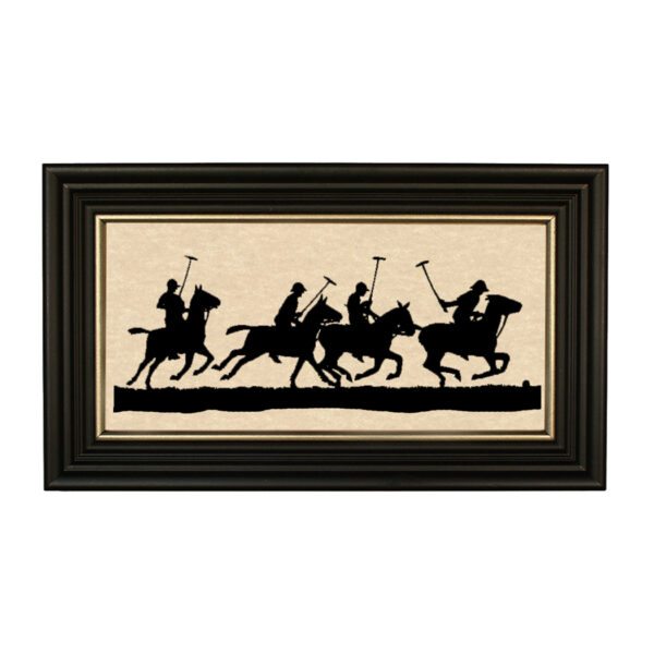 Silhouettes Equestrian Polo Team Framed Paper Cut Silhouette in Black Wood Frame with Gold Trim. A 5″ x 10″ framed to 7″ x 12″.