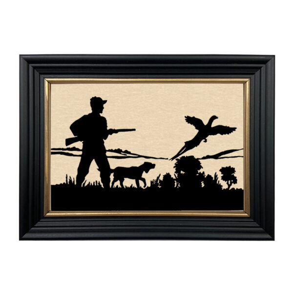 Silhouettes Hunting Pheasant Framed Paper Cut Silhouette in Black Wood Frame with Gold Trim