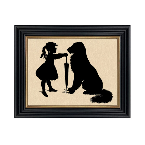 Silhouettes Early American Girl with Dog Framed Paper Cut Silhouette in Black Wood Frame with Gold Trim. An 8 x 10″ framed to 10 x 12″.