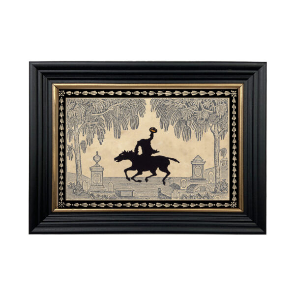 Silhouettes Halloween Sleepy Hollow Grave Yard Framed Paper Cut Silhouette in Black Wood Frame with Gold Trim. An 6-3/4 x 10″ framed to 8-3/4 x 12″.