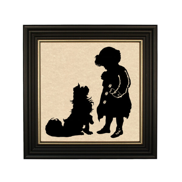 Silhouettes Early American Sit and Stay Framed Paper Cut Silhouette in Black Wood Frame with Gold Trim. An 8 x 8″ framed to 10 x 10″.