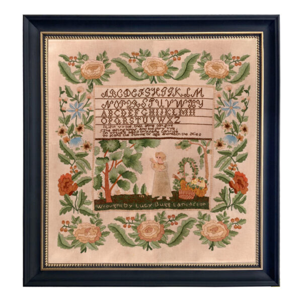 Needlework Print/Samplers Early American Lucy Bugg Antique Embroidery Needlepoint Sampler Framed PRINT- Black  and  Gold Bead Frame. 16-1/4″ x 17-1/2″ Frame