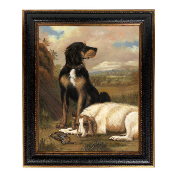 Sporting and Lodge Paintings Dogs with Woodcock Framed Oil Painting Print on Canvas in Leather-Look Black and Antiqued Gold Frame. A 16×20″ framed to 21-1/2″ x 25-1/2″.