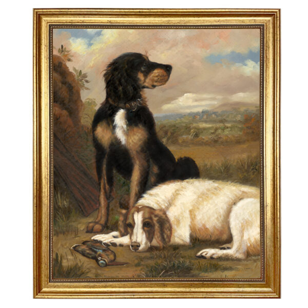 Sporting and Lodge Paintings Dogs with Woodcock Oil Painting Print Reproduction on Canvas in Antiqued Gold Frame. An 20″ x 24″ framed to 23-1/2″ x 27-1/2″.