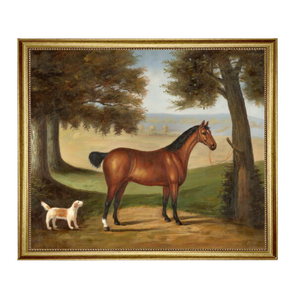 Equestrian Paintings Equestrian Horse and Dog in Landscape Framed Oil Painting Print on Canvas in Antiqued Gold Frame. A 23.5 x 29.5″ framed to 27-1/2″ x 33-1/2″.