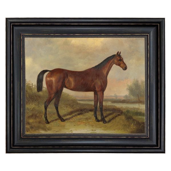 Equestrian/Fox Equestrian Hunter in a Landscape by William Barraud (c. 1845) Framed Oil Painting Print on Canvas in Distressed Black Frame with Bead Accent. 16″ x 20″ Framed to 21″ x 25″