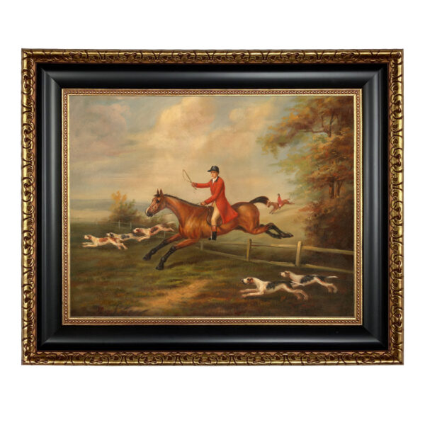 Equestrian Paintings Equestrian Fox Hunting Scene by J.N. Sartorius Framed Oil Painting Print on Canvas in Black and Antiqued Gold Frame. A 16″ x 20″ framed to 22″ x 26″.
