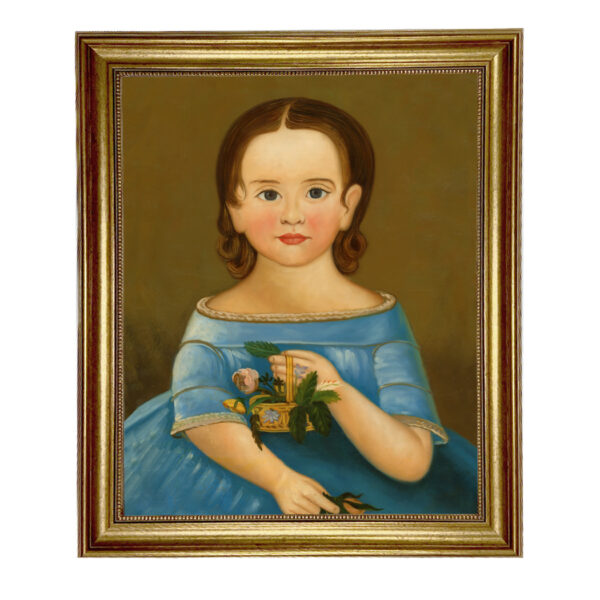 Portrait and Primitive Paintings Early American Girl in Blue Dress Framed Oil Painting Print on Canvas in Distressed Black Wood Frame. A 16 x 20″ framed to 19-1/2″ x 23-1/2″.