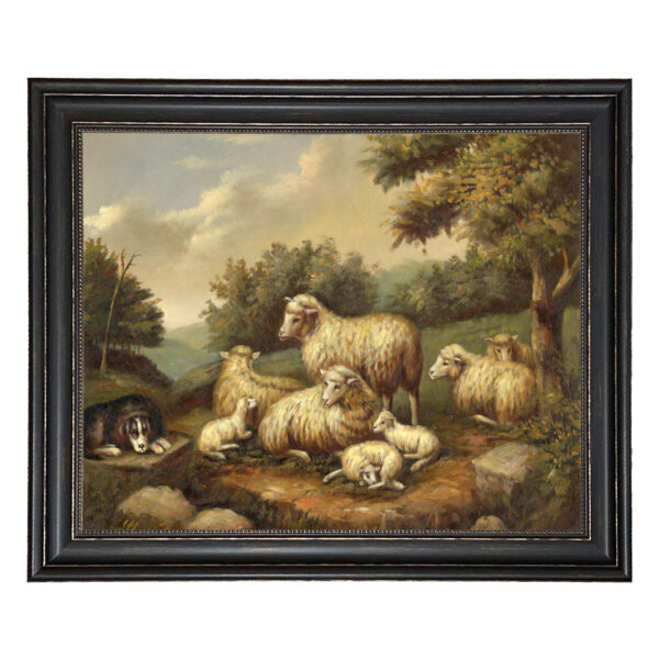 Farm and Pastoral Paintings Early American Sheep in Landscape Framed Oil Painting Print on Canvas in Distressed Black Frame with Bead Accent. A 23-1/2″ x 29-1/2″ framed to 28-3/4″ x 34-3/4″.