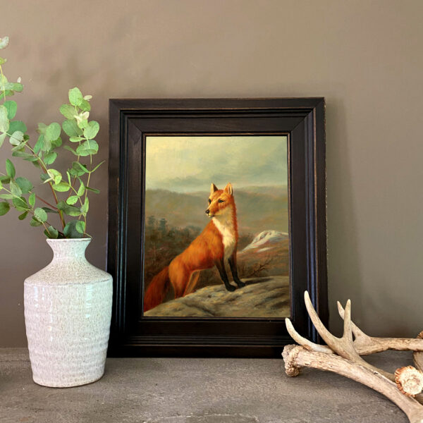 Cabin/Lodge Equestrian Red Fox Framed Oil Painting Print on Canvas in Distressed Black Wood Frame