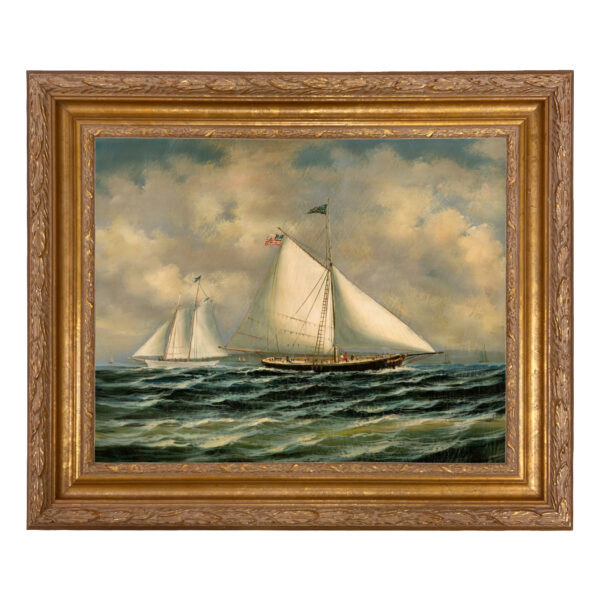 Nautical Paintings Nautical Sloop Maria Racing America (1851) Framed Oil Painting Print on Canvas in Ornate Antiqued Gold Frame. A 16″ x 20″ framed to 21-3/4″ x 25-3/4″.