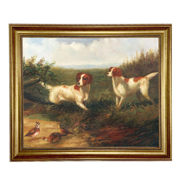 Sporting and Lodge Paintings Setters on Quail Framed Oil Painting Print on Canvas in Antiqued Gold Frame. A 16 x 20″ framed to 19-1/2″ x 23-1/2″.
