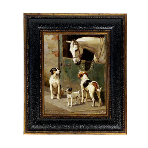 Equestrian Paintings Equestrian Dog and Horse at Stable Framed Oil Painting Print on Canvas in Leather-Look Black and Antiqued Gold Frame. Framed to 12-3/4″ x 14-3/4″