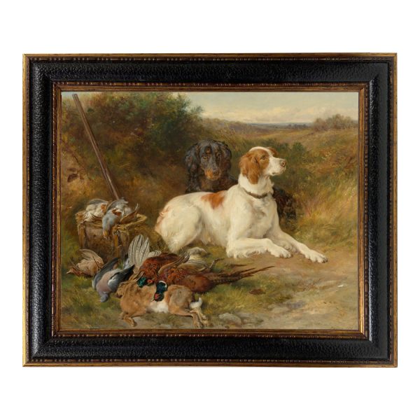 Cabin/Lodge Dogs Hunting Dogs Framed Oil Painting Print on Canvas in Leather-Look Black and Antiqued Gold Frame. A 16×20″ framed to 21-1/2″ x 25-1/2″.