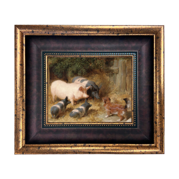 Farm and Pastoral Paintings Farm Pigs Barnyard Gossip Framed Oil Painting Print on Canvas in Wide Brown and Antiqued Gold Frame. An 8″ x 10″ framed to 13-3/4″ x 15-3/4″