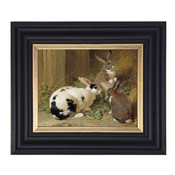 Farm and Pastoral Paintings Farm Three Rabbits Framed Oil Painting Print on Canvas in Black and Gold Wood Frame. An 8″ x 10″ framed to 11-3/4″ x 13-3/4″.