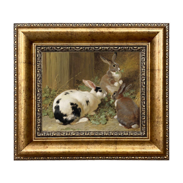 Farm and Pastoral Paintings Farm Three Rabbits Framed Oil Painting Print on Canvas in Antiqued Gold Leaf Frame. Painting is 8″ x 10″ and framed to 13-1/4″ x 15-1/4″.