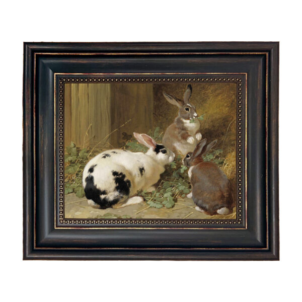 Farm and Pastoral Paintings Farm Three Rabbits Framed Oil Painting Print on Canvas in Distressed Black Frame with Bead Accent. An 8″ x 10″ framed to 11-3/4″ x 13-3/4″.