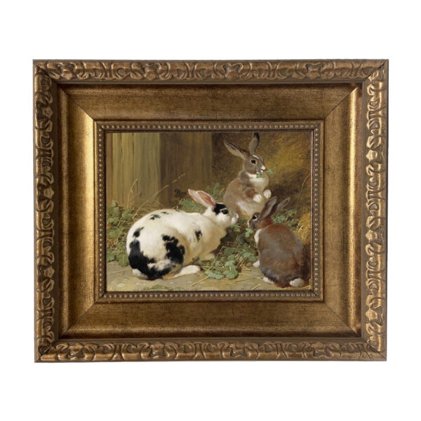 Equestrian Paintings Equestrian Three Rabbits Framed Oil Painting Print on Canvas in Antiqued Gold Frame. Painting is 8×10″ and framed to 14 x 16″.