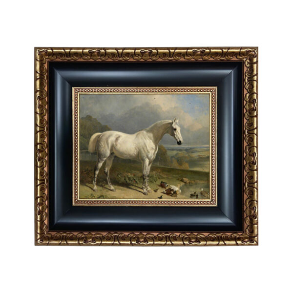 Equestrian Paintings Equestrian Gray Horse with Ducks Framed Oil Painting Print on Canvas in Black and Antiqued Gold Frame. An 8″ x 10″ framed to 14″ x 16″.