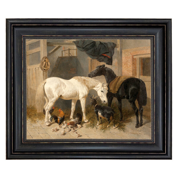 Equestrian Paintings Equestrian Horses –  Goat and Chickens in Barn Framed Oil Painting Print on Canvas in Distressed Black Frame with Bead Accent. 16″ x 20″ Framed to 21″ x 25″