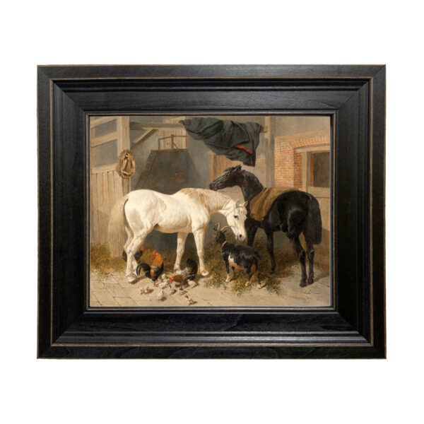 Equestrian/Fox Equestrian Horses –  Goat and Chickens in Barn Oil Painting Print on Canvas in Distressed Black Frame. 8″ x 10″ Framed to 11-3/4″ x 13-3/4″