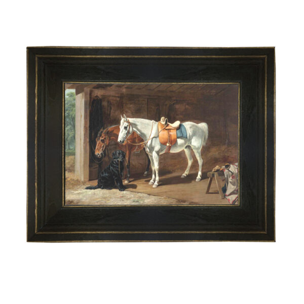 Equestrian Paintings Framed Art Labrador and Horses Framed Oil Painting Print on Canvas in Distressed Black Wood Frame