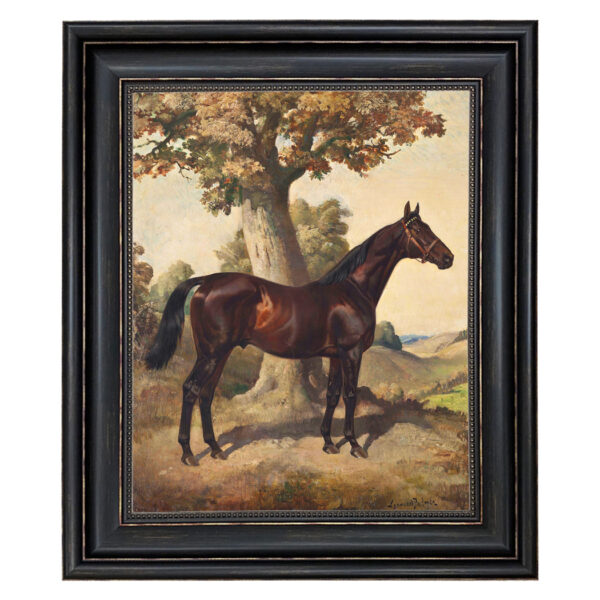 Equestrian/Fox Equestrian Dark Chestnut Horse Ethelbruce by Lynwood Palmer Framed Oil Painting Print on Canvas in Distressed Black Frame with Bead Accent. 16″ x 20″ Framed to 21″ x 25″