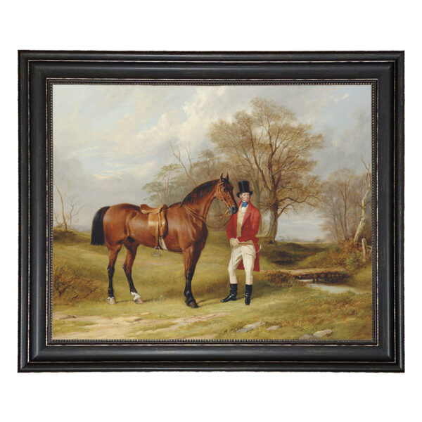 Equestrian Paintings Equestrian Gentleman Standing Beside Saddled Hunter Framed Oil Painting Print on Canvas in Distressed Black Frame with Bead Accent. A 23-1/2″ x 29-1/2″ framed to 28-3/4″ x 34-3/4″.