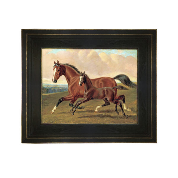Equestrian Paintings Equestrian Elder Mare and Foal by John Herring Framed Oil Painting Print on Canvas in Distressed Black Wood Frame. An 8″ x 10″ Framed to 11-3/4″ x 13-3/4″.