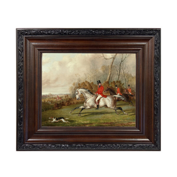 Equestrian/Fox Equestrian Talley Ho by George Laporte –  Reproduction Oil Painting Print on Canvas Framed in a Brown/Black Solid Oak Frame. A 8×10 framed to 12-3/4 x 14-3/4″