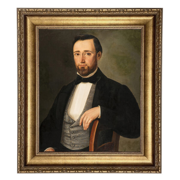 Painting Prints on Canvas Early American Early Victorian Gentleman Framed Oil Painting Print on Canvas in Black and Antiqued Gold Frame. A 16″ x 20″ framed to 22″ x 26″.