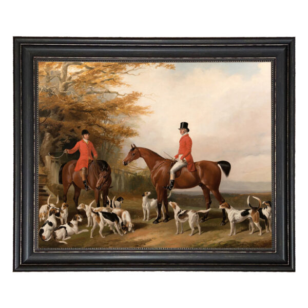Equestrian Paintings Equestrian The Meeting Fox Hunt Scene Framed Oil Painting Print on Canvas in Distressed Black Frame with Bead Accent. A 23-1/2″ x 29-1/2″ framed to 28-3/4″ x 34-3/4″.