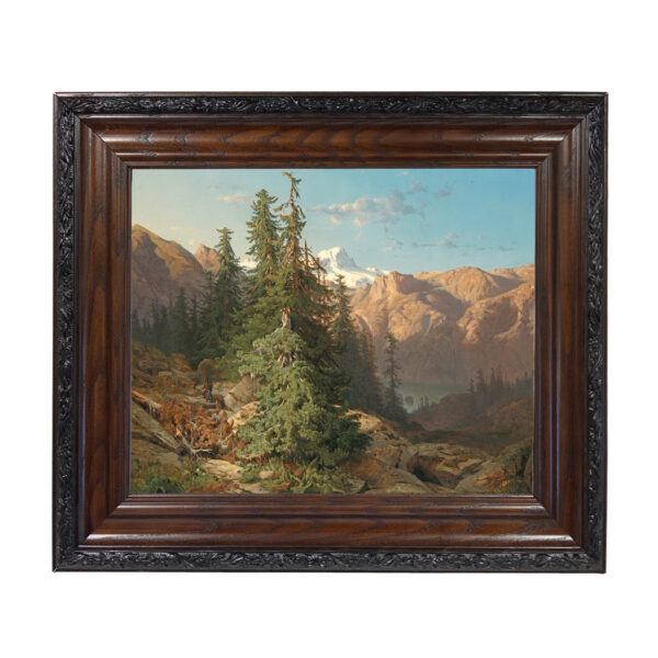 Cabin/Lodge Landscape Mountain Landscape with Pines Oil Painting Print Reproduction on Canvas in Brown and Black Solid Oak Frame- 15-1/2″ x 18-1/2″